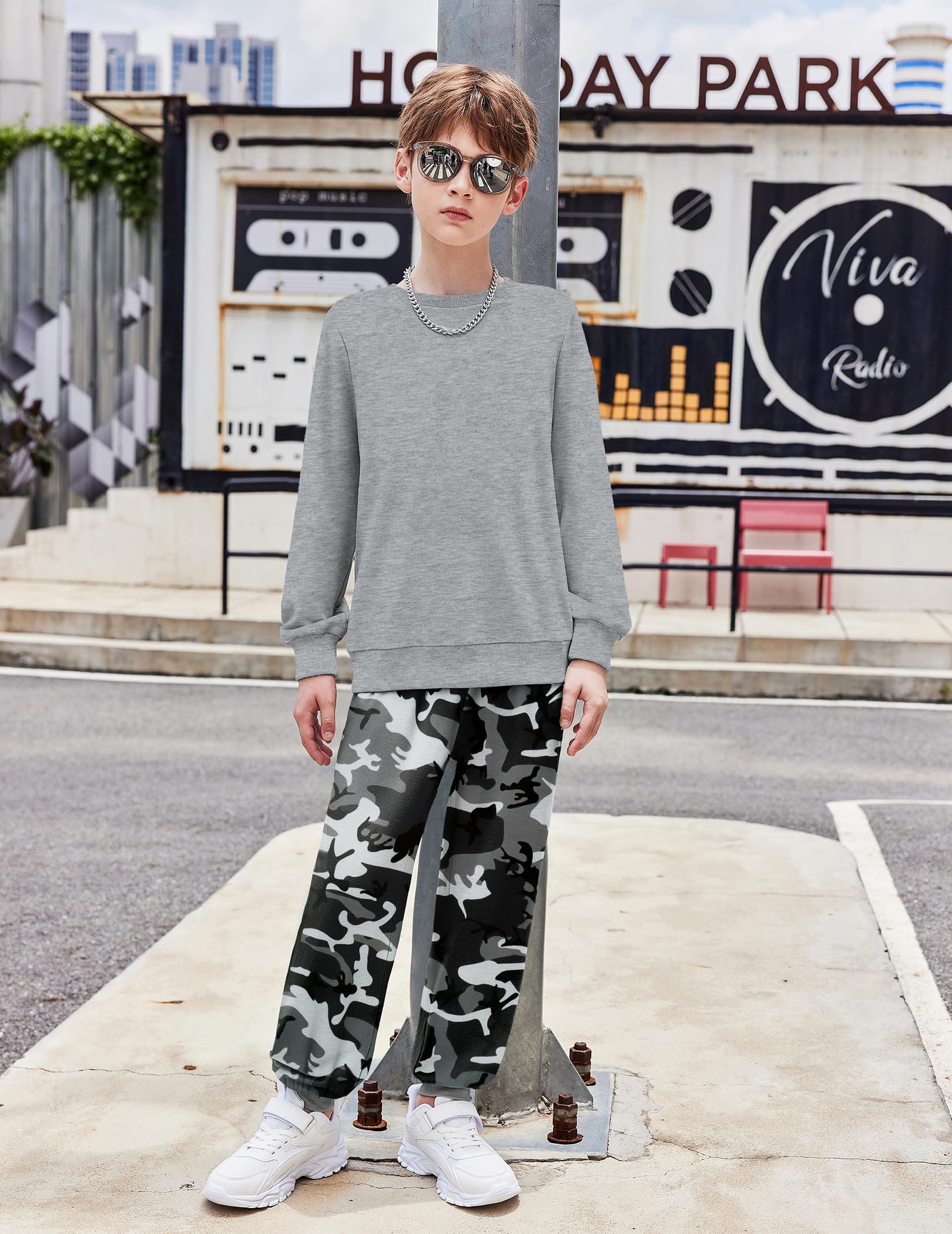 Arshiner Boys 2-Piece Camo Outfit - Grey Sweatshirt & Camouflage Sweatpants Set Fall Clothes for Kids 7-8 Years