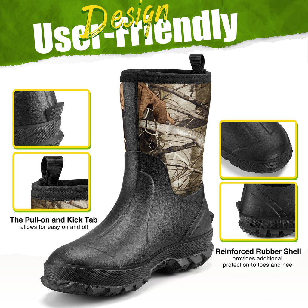 TIDEWE Rubber Boots for Men, 5.5mm Neoprene Insulated Rain Boots with Steel Shank, Waterproof Mid Calf Hunting Boots, Sturdy Rubber Work Boots for Farming Gardening Fishing (Next Camo G2 Size 9)