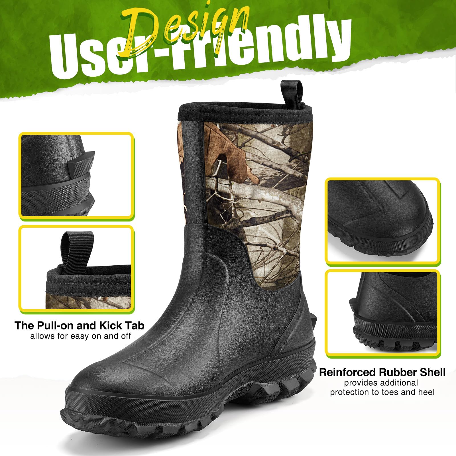 TIDEWE Rubber Boots for Men, 5.5mm Neoprene Insulated Rain Boots with Steel Shank, Waterproof Mid Calf Hunting Boots, Sturdy Rubber Work Boots for Farming Gardening Fishing (Next Camo G2 Size 9)