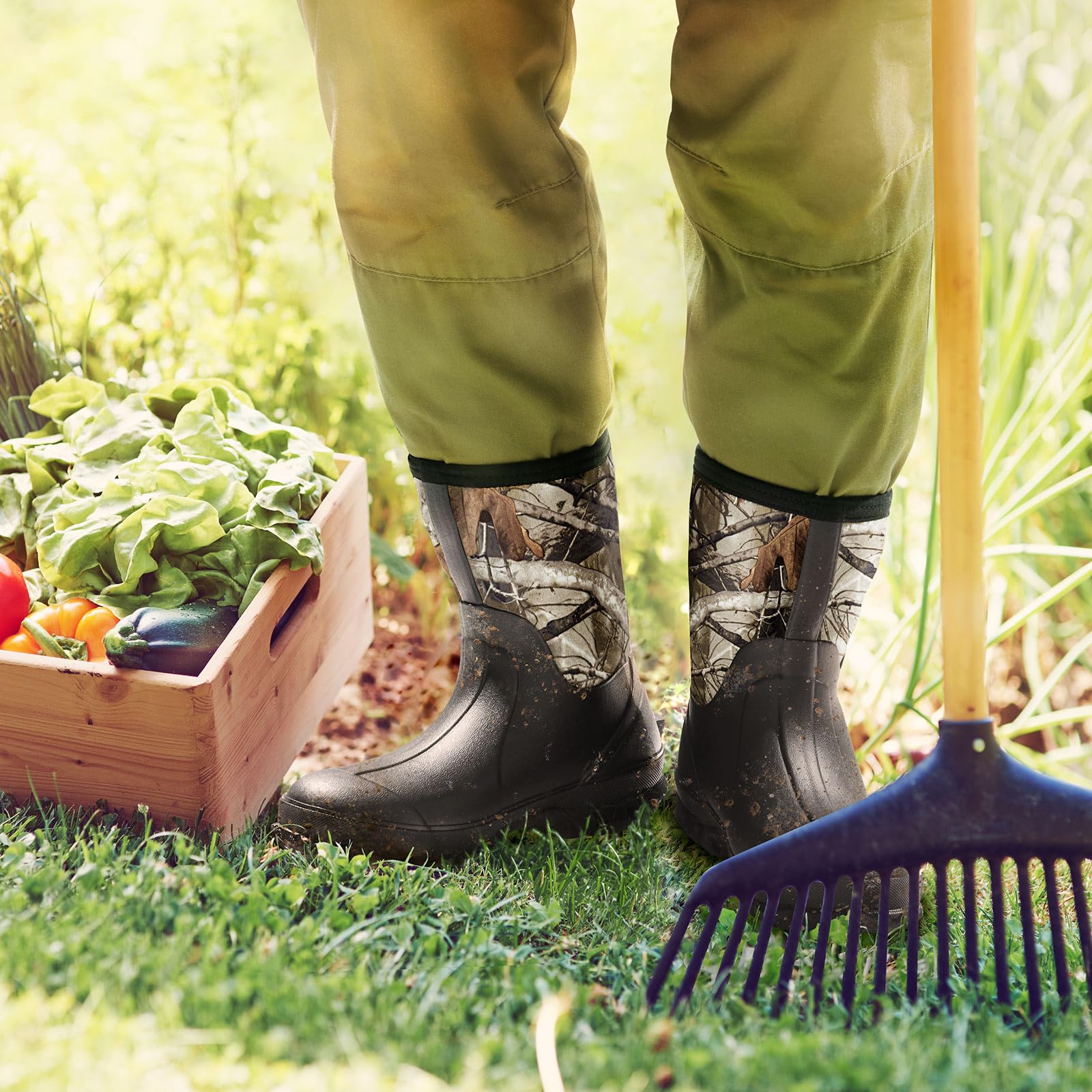 TIDEWE Rubber Boots for Men, 5.5mm Neoprene Insulated Rain Boots with Steel Shank, Waterproof Mid Calf Hunting Boots, Sturdy Rubber Work Boots for Farming Gardening Fishing (Next Camo G2 Size 9)