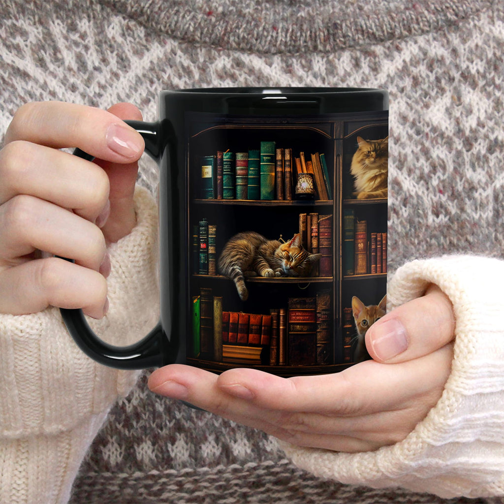2IMT Cat Book Mug Book Lovers Gifts for Readers - Book Lover Bookish Gifts for Bookworm Women - Library Bookshelf Mug - Best Gift for Cat Lover - Reading Writer Women Black Coffee Cup 15oz