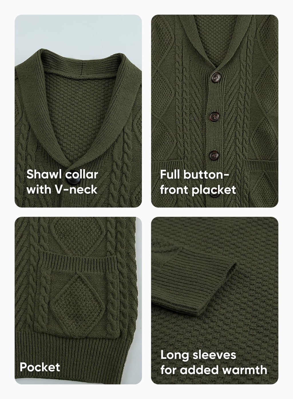 JMIERR Cardigan Sweaters for Men Fall Fashion 2025 Casual Long Sleeve Shawl Collar Button-Down Wool Blend Cable Knit Essentials Fisherman Christmas Sweater with Pockets,L,Green
