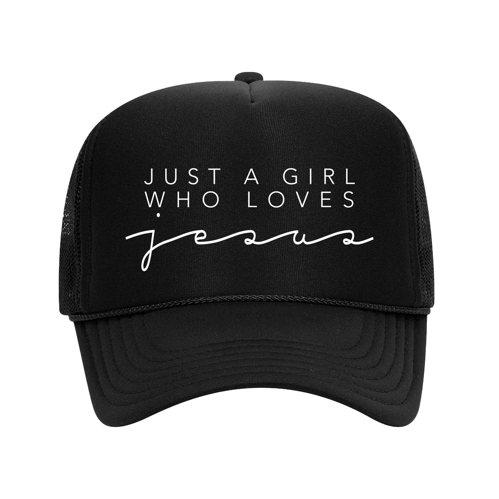 Just a Girl who Loves Jesus Christian Trucker Hat for Women, Christian Hat for Women (US, Alpha, One Size, Black)