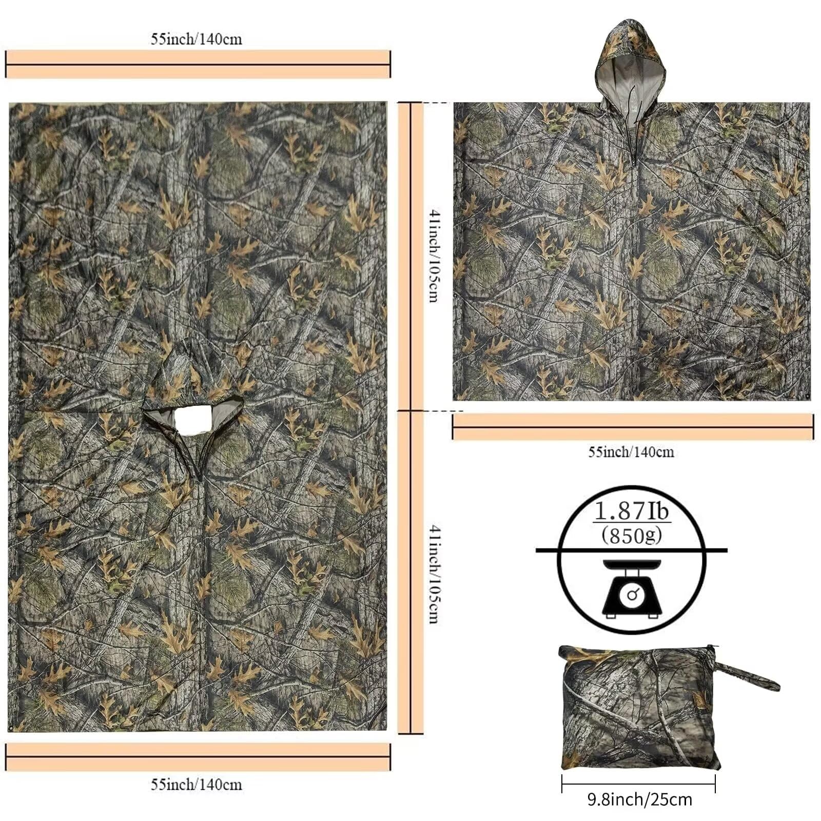 LOOGU Rain Poncho Waterproof Hooded Rain Coat Multi-Use Camo Shelter Ground Sheet for Hunting Camping Hiking