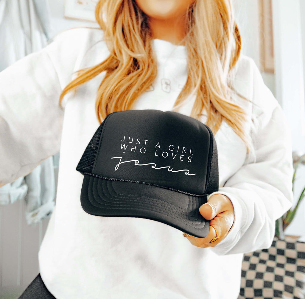 Just a Girl who Loves Jesus Christian Trucker Hat for Women, Christian Hat for Women (US, Alpha, One Size, Black)
