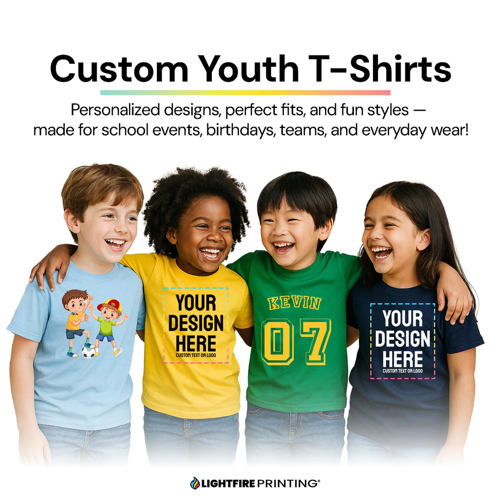 Personalized Kids T-Shirt Print with Text, Image or Logo - Custom DTF Printed Cotton Tees - Design Your Own Shirt for Kids (US, Alpha, Large, Regular, 1 Pack, Light Blue)