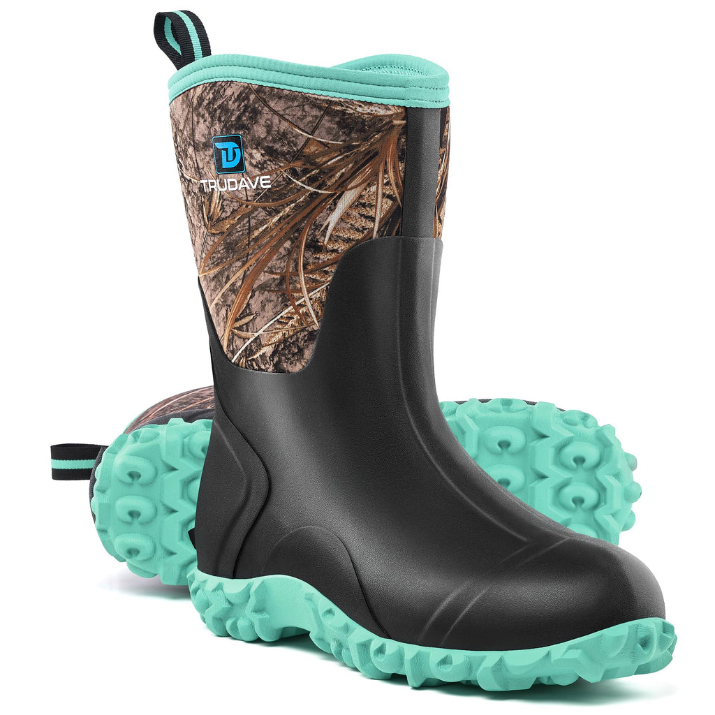 Trudave Rubber Boots for Women with Steel Shank, 6mm Neoprene Mid Calf Rain Boots, Waterproof Insulated Mud Work Boots All Season, Green, Size 5