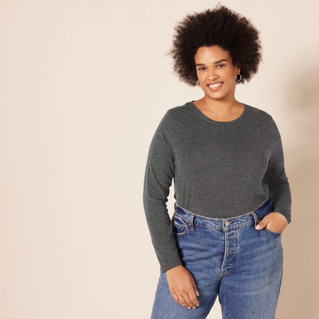Amazon Essentials Women's Regular-Fit Long-Sleeve Crewneck T-Shirt (Available in Plus Size), Charcoal Heather, Large
