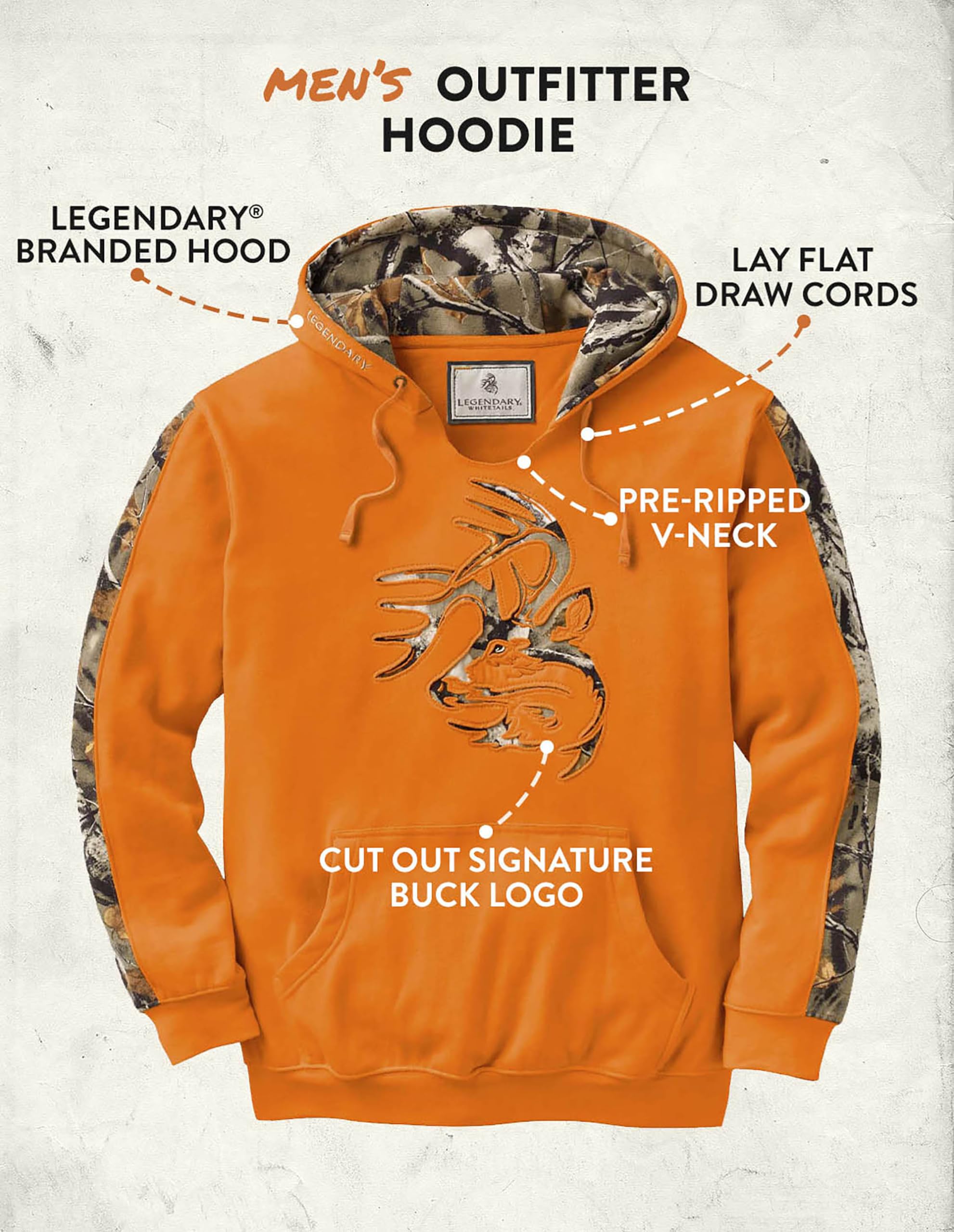 Legendary Whitetails Mens Camo Hoodie Pullover Sweatshirt Midweight V-Neck Design, Inferno, LRG