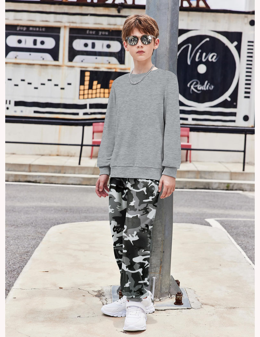 Arshiner Boys 2-Piece Camo Outfit - Grey Sweatshirt & Camouflage Sweatpants Set Fall Clothes for Kids 7-8 Years