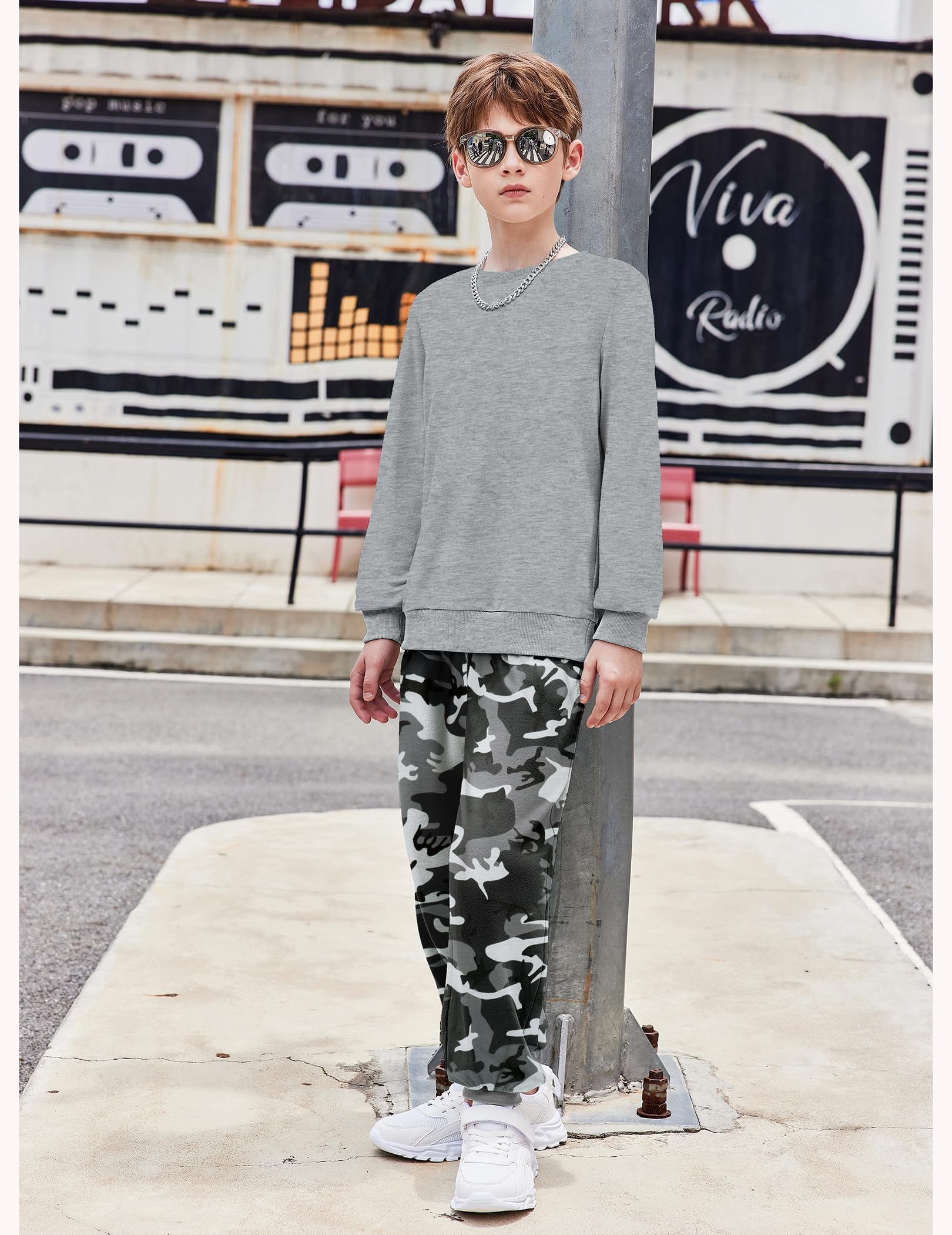 Arshiner Boys 2-Piece Camo Outfit - Grey Sweatshirt & Camouflage Sweatpants Set Fall Clothes for Kids 7-8 Years