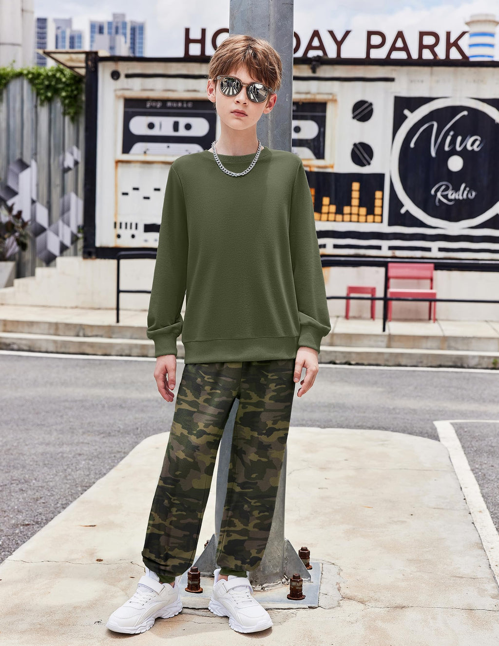 Arshiner Boys 2-Piece Camo Outfit - Army Green Sweatshirt & Camouflage Sweatpants Set Fall Clothes for Kids 7-8 Years