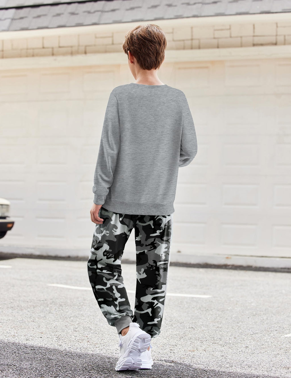 Arshiner Boys 2-Piece Camo Outfit - Grey Sweatshirt & Camouflage Sweatpants Set Fall Clothes for Kids 7-8 Years