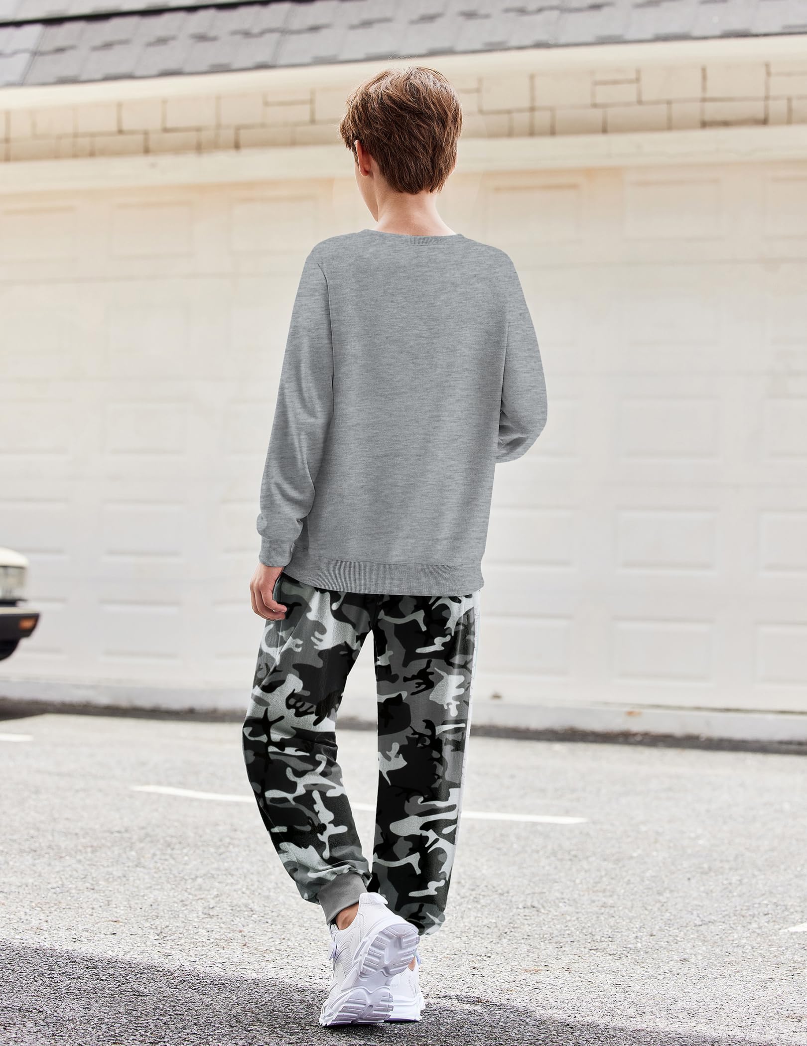 Arshiner Boys 2-Piece Camo Outfit - Grey Sweatshirt & Camouflage Sweatpants Set Fall Clothes for Kids 7-8 Years