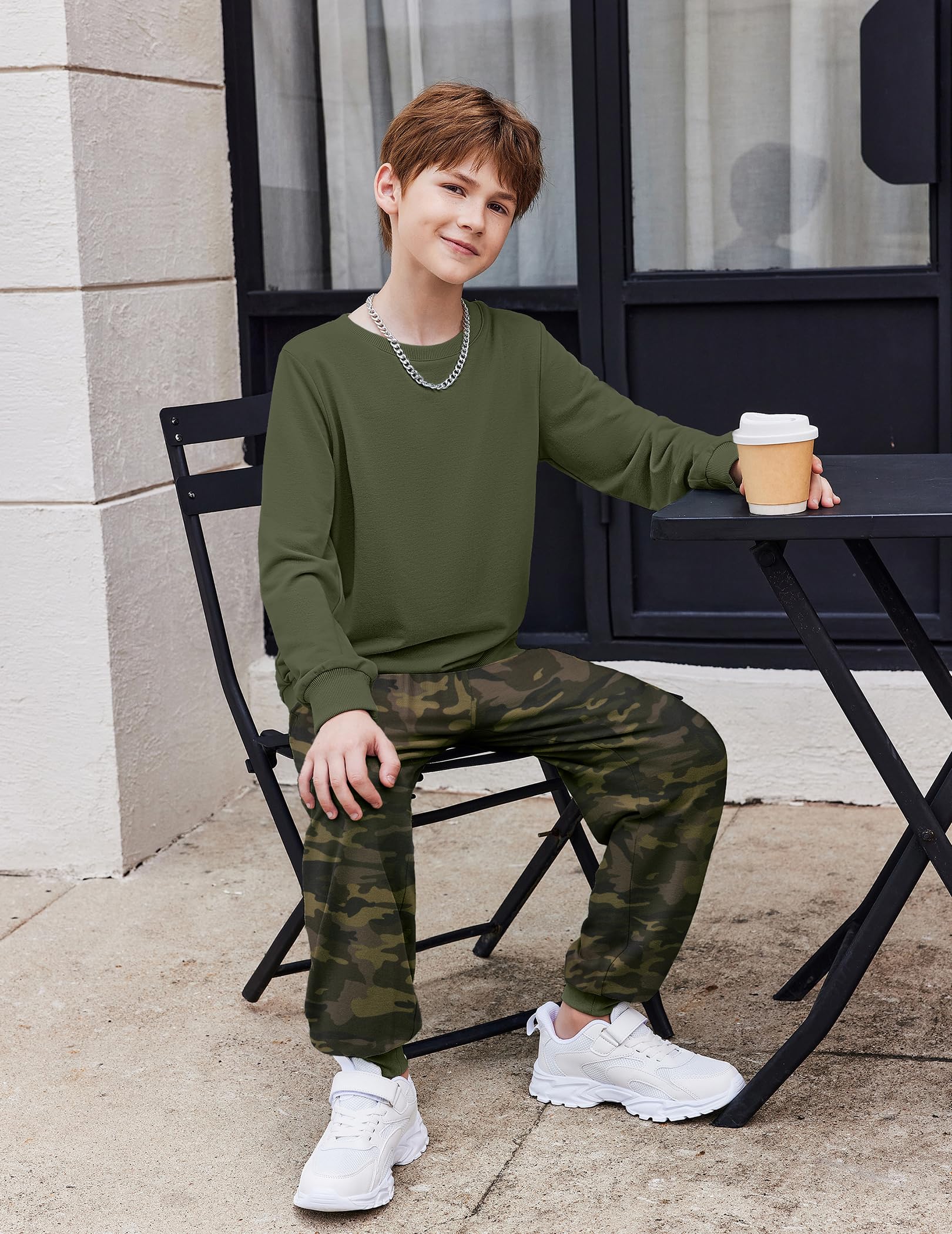 Arshiner Boys 2-Piece Camo Outfit - Army Green Sweatshirt & Camouflage Sweatpants Set Fall Clothes for Kids 7-8 Years