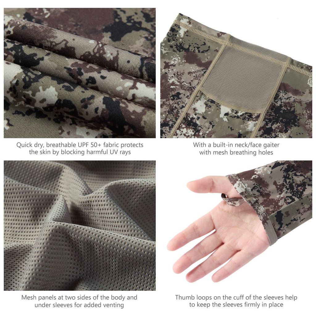 BASSDASH Women's UPF 50+ Camo Hunting Hoodie with Neck Gaiter Breathable Performance Long Sleeve Fishing Hooded Tee FS03W