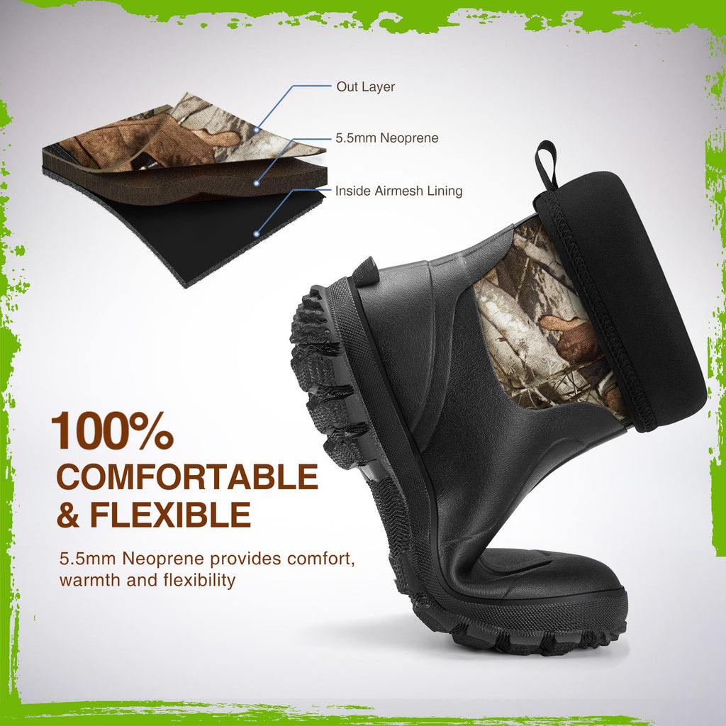 TIDEWE Rubber Boots for Men, 5.5mm Neoprene Insulated Rain Boots with Steel Shank, Waterproof Mid Calf Hunting Boots, Sturdy Rubber Work Boots for Farming Gardening Fishing (Next Camo G2 Size 9)