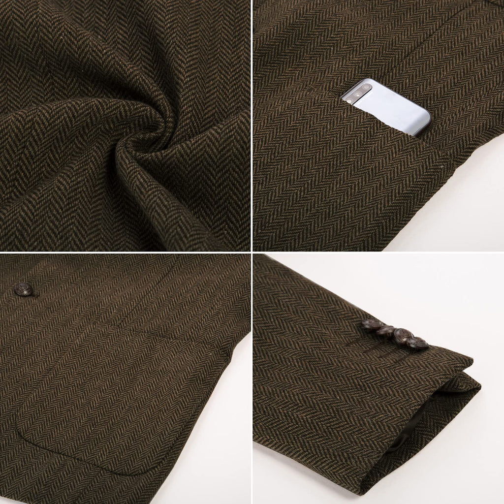 Men's Formal Tweed Herringbone Blazer 2 Button Wool Blend Sport Coat Brown L